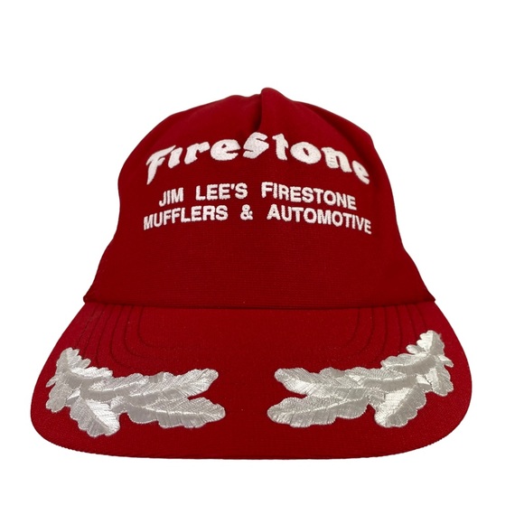 Vintage Firestone USA Made SnapBack Trucker Hat Embroidered Bill Red White Crisp - Picture 13 of 16